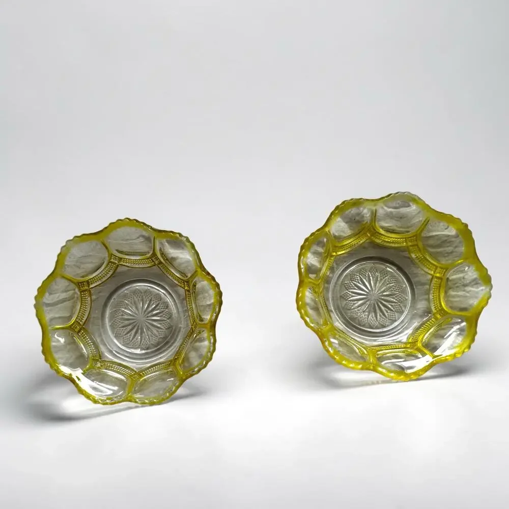 Set of 2 Yellow Pressed Glass Dessert Bowls | Scalloped Rim Clear Yellow Vintage
